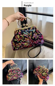Close-up detail of the elegant colorful sequined evening bag with golden circular handle