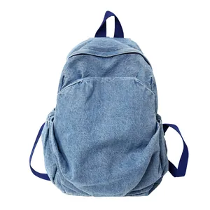 Mochila Retro de Mezclilla Lavada para Mujer Mochila Escolar Casual Color Sólido Moda Versátil Viaje Bolsa