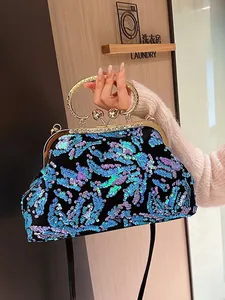 Women Sequin Evening Clutch Bag Vintage Handmade Oxford Cloth Handbag Metal Ring Handle Crossbody Bag for Wedding Banquet