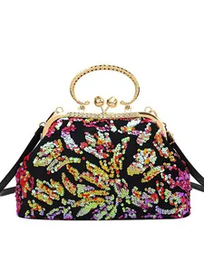 Elegant evening clutch bag featuring colorful floral sequins and a sturdy gold-tone metal handle