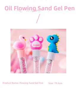 Close-up detail of cute cartoon animal toppers and glitter liquid quicksand in pastel gel pens