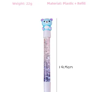 Detailed macro view of cute blue cartoon bear liquid glitter gel pen with 19.5cm length