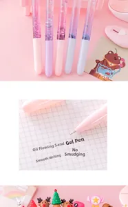 Close-up detail of creative quicksand liquid gel pen with smooth writing ink and cute toppers.