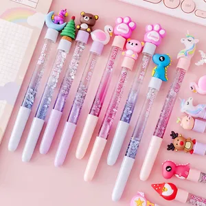 Cute cartoon liquid quicksand gel pens with unicorn and bear character toppers