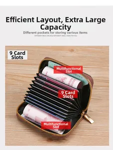 Close-up of brown accordion card holder showing 9 slots and multi-functional storage
