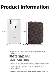 Large capacity checkerboard PU leather card holder detail view with dimensions 11.5x8x2.5cm.