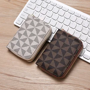 Retro PU Leather Card Holder Large Capacity Anti-Demagnetization Geometric Printed Multi-Slot Zipper Coin Purse Unisex Daily Wallet