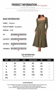 Detail page of long sleeve square neck pleated dress with comprehensive size chart.