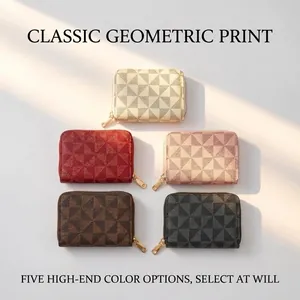 Overview of five stylish slim zip-around card wallets in various geometric prints