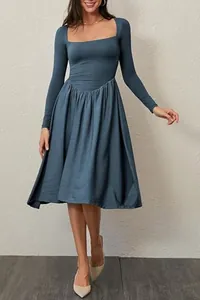 Elegant dusty blue square neck long sleeve pleated midi dress for women autumn fashion