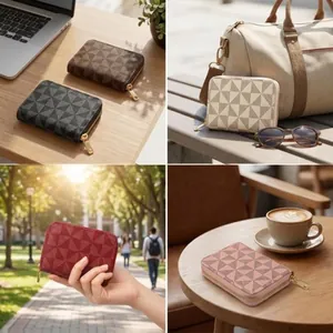 Compact women's zipper card holder wallet with elegant star geometric pattern detail view.