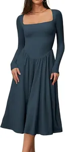 Detail view of women's square neck long sleeve pleated midi dress in dark teal blue