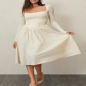 Full view of elegant cream square neck long sleeve midi dress with pleated skirt.