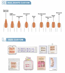 Guide des formes d'ongles et emballages personnalisés pour faux ongles 3D.