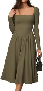 Detail view of olive green long sleeve dress with elegant square neckline and pleated skirt