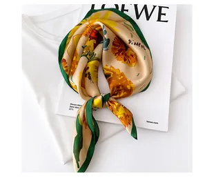 Elegant vintage mulberry silk sunflower print square scarf neckerchief for stylish women