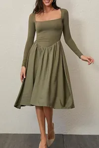 Elegant olive green long-sleeved midi dress with square neckline and pleated waist detail