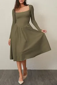 Full length view of elegant olive green square neck pleated long sleeve midi dress