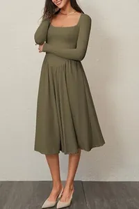 Full body view of women's olive green long sleeve pleated dress with square neck
