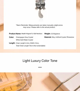 Close-up of elegant lucky cat crystal sweater necklace with product specifications