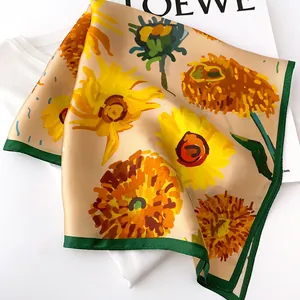Vintage Mulberry Silk Square Scarf Women Elegant Sunflower Printed Artistic Bandana Fashion Small Neck Scarf Silk Kerchief