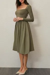 Elegant olive green long-sleeved midi dress with square neck and pleated skirt detail