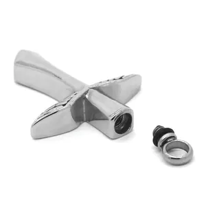 Close-up of stainless steel cross urn pendant showing screw-on top detail