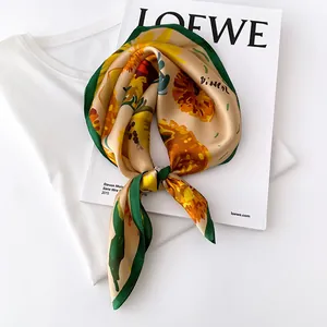 Elegant mulberry silk square scarf with artistic sunflower print on white background