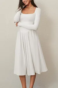 Elegant white square-neck long sleeve midi dress featuring a flowy pleated skirt