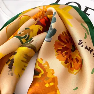 Luxury 100% silk square scarf featuring vintage sunflower art print and Vincent signature