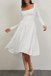 Elegant white square neck long sleeve midi dress with pleated skirt detail for women