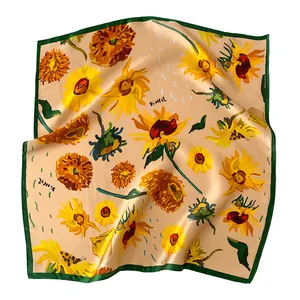 Retro mulberry silk square scarf featuring vibrant yellow sunflower prints and green borders.