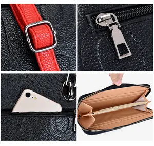 Detalles del bolso de cuero negro con relieve, correa roja y compartimentos interiores
