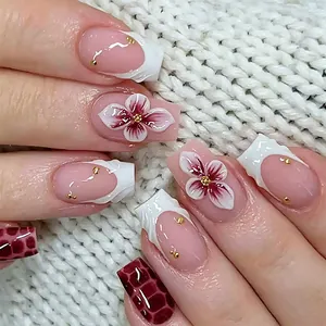 Elegante 3D-Blumen-Aufklebenägel mit burgunderrotem Krokodilmuster und Goldnieten