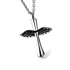 Vintage Titanium Steel Wings Cross Cremation Urn Pendant Necklace For Ashes Polished Memorial Perfume Bottle Ashes Jewelry