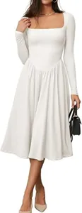Elegant white long sleeve midi dress featuring a square neckline and pleated skirt detail