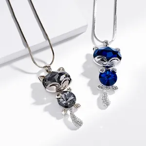 Elegant cat crystal pendant necklaces in blue and black for a stylish look.