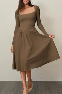 Elegant brown long sleeve midi dress featuring a square neck and pleated skirt details