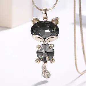 Elegant rose gold cat pendant necklace with faceted grey crystals and long snake chain jewelry