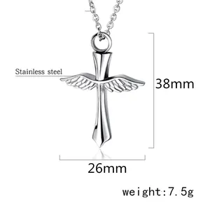 Stainless steel winged cross urn pendant necklace with detailed size and weight markers