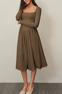 Elegant brown long-sleeve midi dress featuring a square neckline and pleated skirt detail