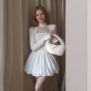 Französisches Vintage Prinzessin Weiß Puffrock Damen Elegant Netz Patchwork Aushöhlung Hohe Taille Langarm Mini Kleid Party