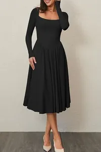 Elegant black long sleeve square neck pleated midi dress for women's autumn style