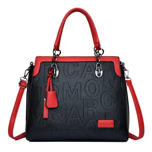 Bolso de mano para mujer de gran capacidad con relieve de letras y correas rojas