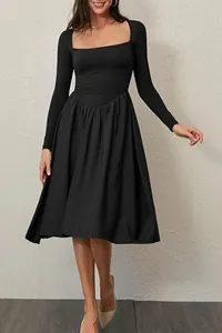 Detailed view of elegant black long sleeve square neck pleated midi dress for women