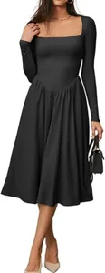 Elegant black long-sleeve midi dress featuring a square neckline and pleated skirt.