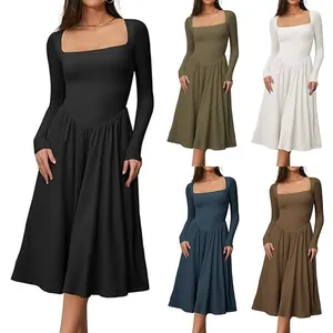 Women Autumn Long Sleeve Square Neck Pleated Midi Dress Slim Fit Solid Color Elegant Commuter Top And Bottom Bodycon A-Line Bottoming Dress