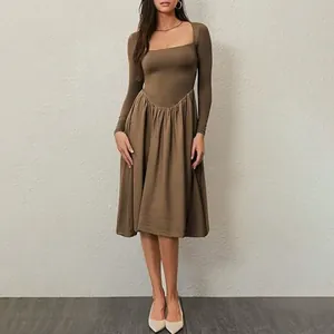 Slim fit long sleeve square neck pleated dress for women in khaki, elegant autumn fashion