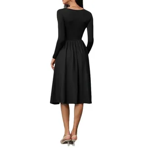 Elegant black long sleeve square neck pleated dress for women, autumn fashion style