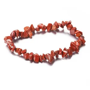 Natural red jasper chip stone bracelet with irregular, stretchable crystal beads